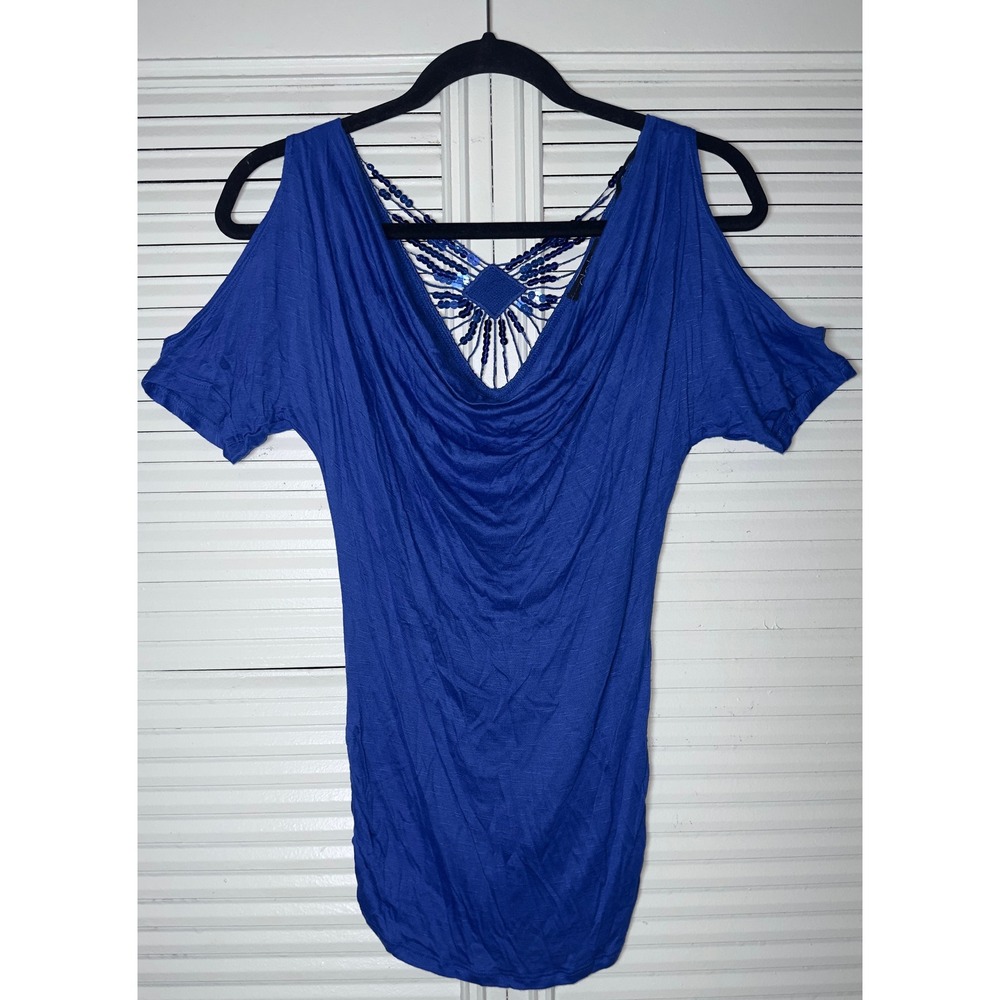 Deb Cowl‎ Neck Cold Shoulder Sequin Crochet Embellished Back Ruched Top Size M